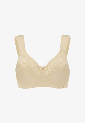 Beige bh med blonde detaljer på skålene, brede stropper og en lille central sløjfe som accent. Lavet af blødt, glat stof.
