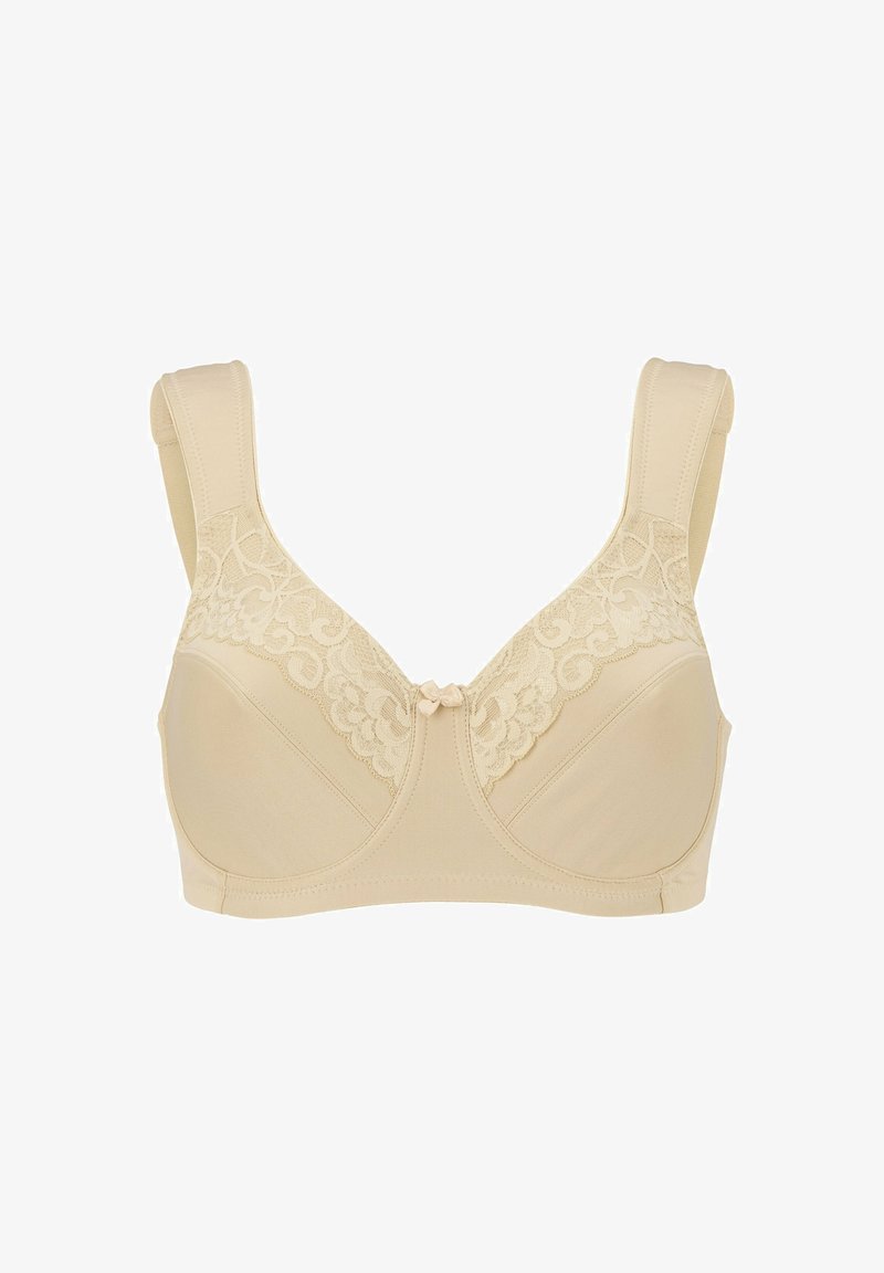 Beiger BH mit Spitze an den Körbchen, breiten Trägern und einer kleinen zentralen Schleifenakzent. Hergestellt aus weichem, glattem Stoff.