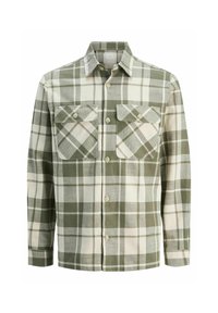 Groene en witte geruite blouse met lange mouwen, twee borstzakken, knoopsluiting en een kraag. De stof lijkt zacht en geweven.