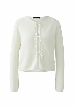 Witte, lange mouwen cardigan gemaakt van zacht materiaal; heeft een ronde halslijn, voorste strikjes en een cropped zoom met een licht gestructureerde afwerking.