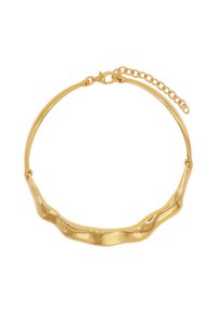 Goldfarbene Choker-Halskette mit gewelltem Design, das eine glatte Textur aufweist und einen Verschluss mit einer verstellbaren Kette für Größenvielfalt besitzt.