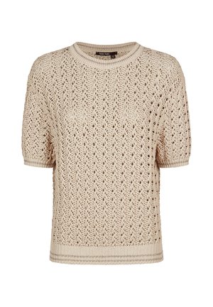 Beige short-sleeve knitted sweater with intricate openwork pattern, ribbed neckline, cuffs, and hem.