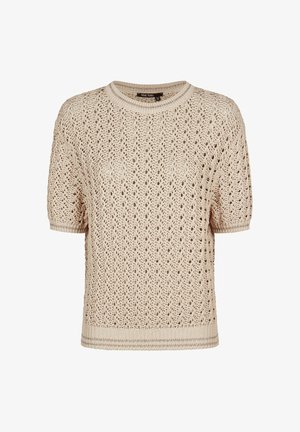 Beige short-sleeve knitted sweater with intricate openwork pattern, ribbed neckline, cuffs, and hem.