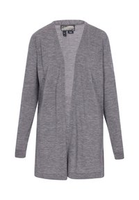 Cardigan grigio a maniche lunghe con apertura frontale. Realizzato in un tessuto morbido e leggero, presenta una superficie liscia e senza chiusure.