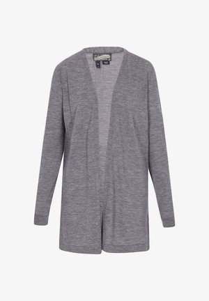 Grauer, langärmliger Cardigan mit offenem Vorn. Hergestellt aus einem weichen, leichten Stoff, der eine flache Textur aufweist und keine Verschlüsse hat.