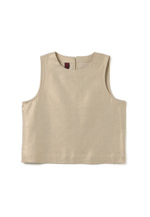Haut sans manches de couleur beige en tissu léger, avec un col rond et une petite fermeture à bouton à l'arrière. Texture lisse.