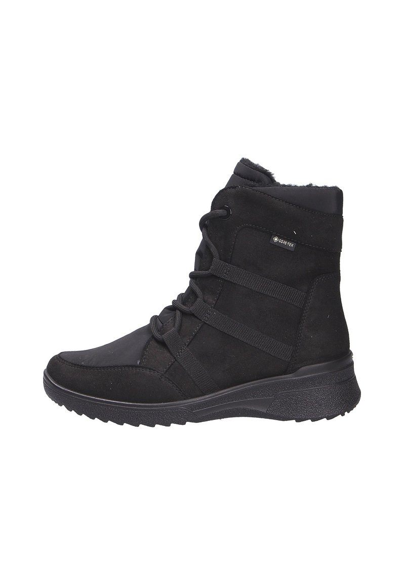 Zwarte enkellaarzen van suede met vetersluiting en kenmerkende elastische bandjes. Getextureerde rubberen zool voor grip en ondersteuning.