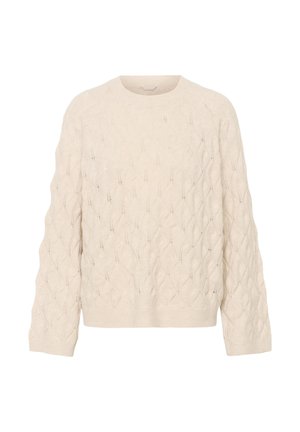 Suéter de punto trenzado crema con cuello redondo, mangas largas y un patrón texturizado en toda la tela. Material suave y ligero.