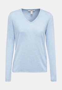 Vaaleansininen pitkähihaisen V-kaula-aukon paita, joka on valmistettu pehmeästä kankaasta, jossa on sileä pinta ja rento istuvuus. Paidassa on resorit hihansuuissa ja helmassa.