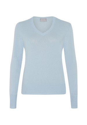 Light blue v-neck sweater made from soft, lightweight fabric. Features long sleeves and ribbed cuffs and hem. Smooth texture with minimal detailing.