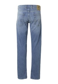 Light blue denim jeans shown from the back with two back pockets, belt loops, and a brown leather brand patch on the waistband.