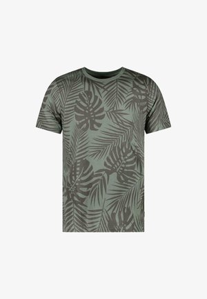 Groene t-shirt met korte mouwen, voorzien van een all-over patroon van donkere bladeren en palmbomen. Gemaakt van zachte stof, met een ronde halslijn en een relaxte pasvorm.