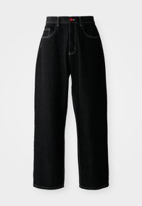 Black wide-leg jeans made from denim, featuring white stitching, five-pocket design, and a red button at the waist.