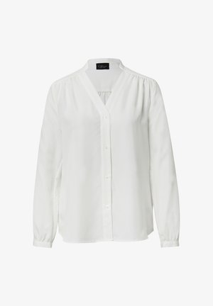 Weißes Langarmbluse mit V-Ausschnitt, mit Knopfverschluss und Faltenakzenten an den Schultern. Hergestellt aus glattem, leichtem Stoff.