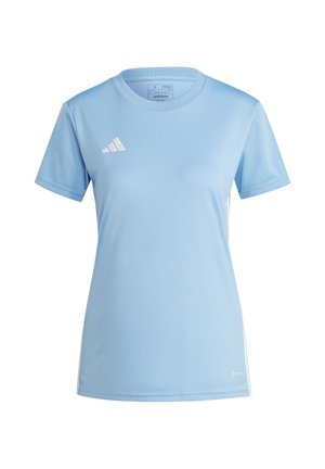Lichtblauw Adidas sportshirt met korte mouwen, ronde hals, mesh zijpanelen en wit Adidas-logo op de linkerborst.