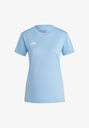 Lichtblauw Adidas sportshirt met korte mouwen, ronde hals, mesh zijpanelen en wit Adidas-logo op de linkerborst.