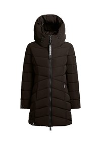 Giacca invernale nera imbottita con colletto alto, chiusura con zip e cuciture a zigzag. Presenta tasche laterali e cappuccio regolabile con lacci.