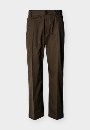 Brown straight-leg trousers with a button and zipper closure, belt loops, and front crease detailing, displayed on a plain background.