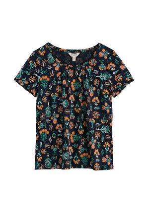 Donkerblauwe blouse met korte mouwen, ronde hals en levendig bloemenpatroon in oranje, groen en wit.