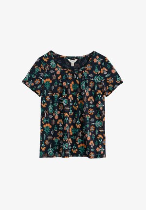 Donkerblauwe blouse met korte mouwen, ronde hals en levendig bloemenpatroon in oranje, groen en wit.