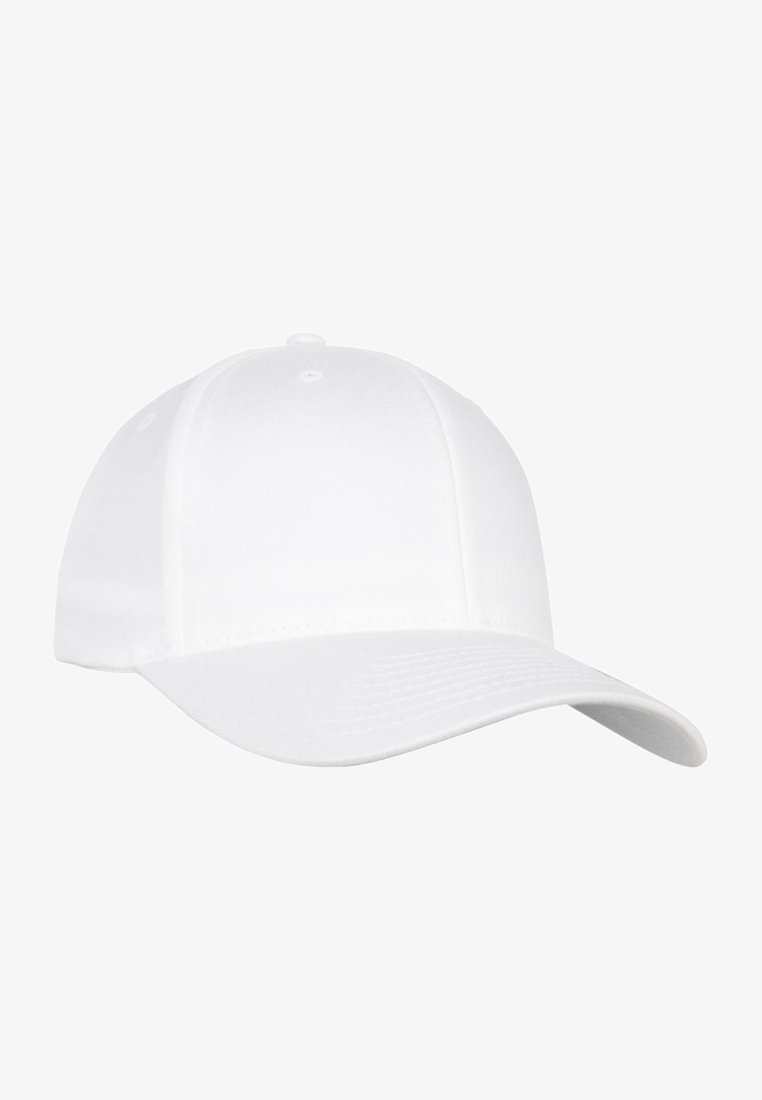 White baseball cap with a curved brim and structured crown. Made of smooth fabric with six panel design and ventilation holes.