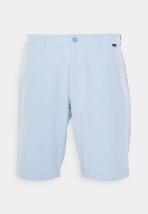 Light blue shorts made of textured fabric, featuring a button closure and four belt loops. Straight hem with no visible patterns or accents.