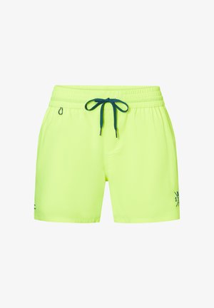 Shorts de bain jaune néon avec ceinture élastique, cordon de serrage vert foncé, petit logo sur la jambe gauche et boucle porte-clés sur le côté droit.