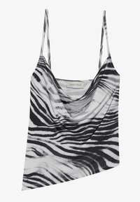 Top senza maniche a righe zebra in bianco e nero con spalline sottili, caratterizzato da un scollo drappeggiato e un orlo asimmetrico. Tessuto morbido e leggero.