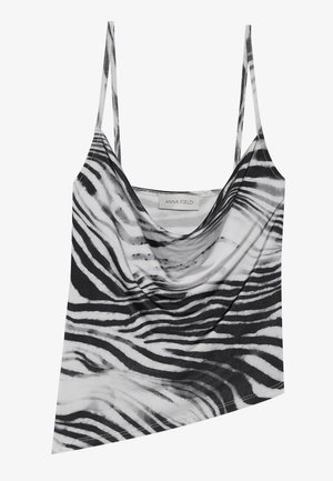 Camisole à rayures zèbre noir et blanc avec des fines bretelles, dotée d'un décolleté drapé et d'un ourlet asymétrique. Tissu lisse et léger.