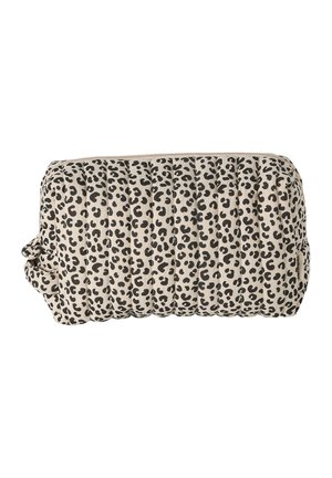 Rectangular quilted pouch with beige background and black leopard print pattern, featuring a zip closure on top.