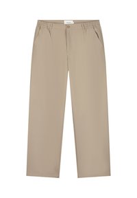 Beige weit geschnittene Hose mit elastischem Bund, vorderem Knopfverschluss und zwei Seitentaschen. Glattes Material, maßgeschneidertes Design.