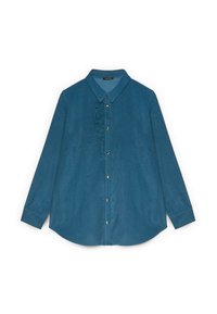 Niebieska koszula z guzikami, z kołnierzykiem, długimi rękawami i pionowym wykończeniem w falbanki na przodzie. Teksturowana tkanina o luźnym kroju.