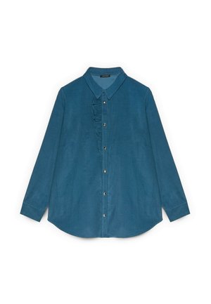 Niebieska koszula z guzikami, z kołnierzykiem, długimi rękawami i pionowym wykończeniem w falbanki na przodzie. Teksturowana tkanina o luźnym kroju.