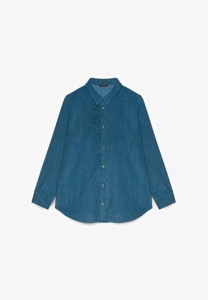 Sininen nappikauluspaita, jossa on pitkät hihat ja pystysuorat röyhelödetaljit edessä. Teksturoitu kangas, jossa on rento leikkaus.
