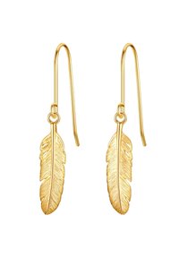 Zeltainas, putna spalvu formas auskari ar tekstur ētu virsmu un garenām āķiem, uzsverot smalku dizainu.