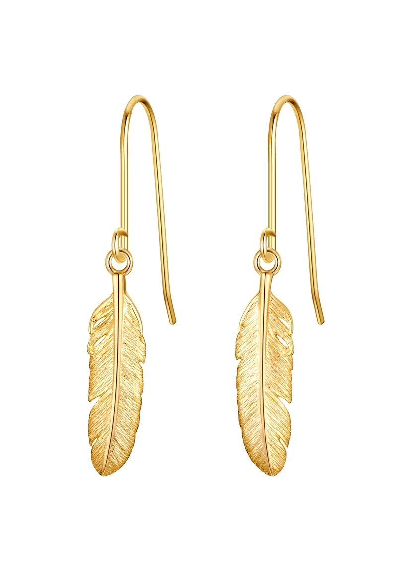 Zeltainas, putna spalvu formas auskari ar teksturētu virsmu un garenām āķiem, uzsverot smalku dizainu.