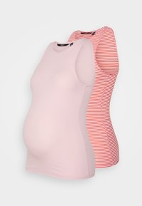 Duas blusas de maternidade: uma em tecido de malha liso na cor rosa claro e a outra com padrão de riscas vermelhas e brancas, ambas com design sem mangas.