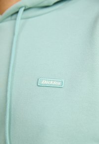 Hoodie azul-claro feito de tecido suave. Apresenta uma pequena etiqueta bordada em azul-claro na frente com a inscrição "Dickies".