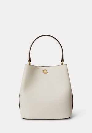 Kremet lærhåndveske med svart håndtak og gyllent "RLL"-logo sentrert nær toppen.