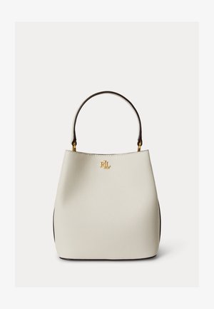 Kremet lærhåndveske med svart håndtak og gyllent "RLL"-logo sentrert nær toppen.