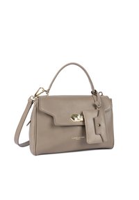 Borsa a mano in pelle grigia con un design strutturato, manico superiore, tracolla staccabile e una chiusura metallica. Presenta un'attaccatura per un piccolo portacarte.