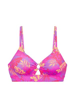 Pink and purple floral bikini top with thin straps and a central ring detail creating a small keyhole cutout below it.