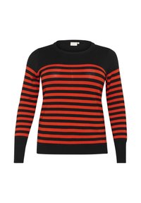 Sweter w czarno-czerwone paski z okrągłym dekoltem i długimi rękawami, wykonany z miękkiego materiału dzianinowego. Jednolite czarne mankiety i dół.