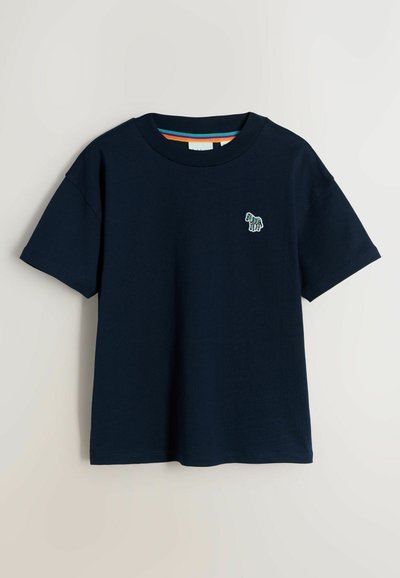 Marineblaues Baumwoll-T-Shirt mit kurzen Ärmeln, das ein kleines besticktes Tiermotiv auf der Brust zeigt. Rundhalsausschnitt, lockere Passform.