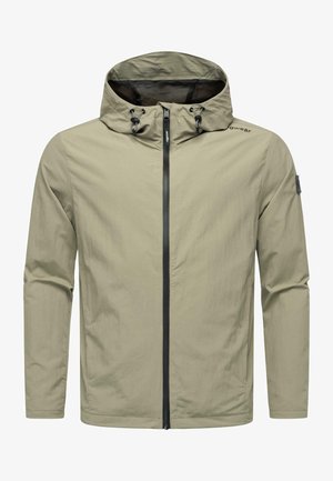 Lett, khaki vandtæt jakke med hætte, sort lynlås og justerbare snore. Har lange ærmer og minimalistisk design.
