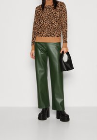 Svetr se vzorem leopardí kůže v hnědé a černé barvě, doplněný o zelené široké kalhoty z umělé kůže. Černé boty na širokém podpatku a kabelka ve stejné barvě.