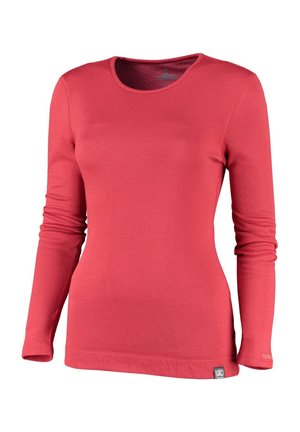 Langarmshirt in koraal, gemaakt van zachte stof. Heeft een ronde halslijn en een getailleerde pasvorm, met een klein logo-label aan de onderrand.