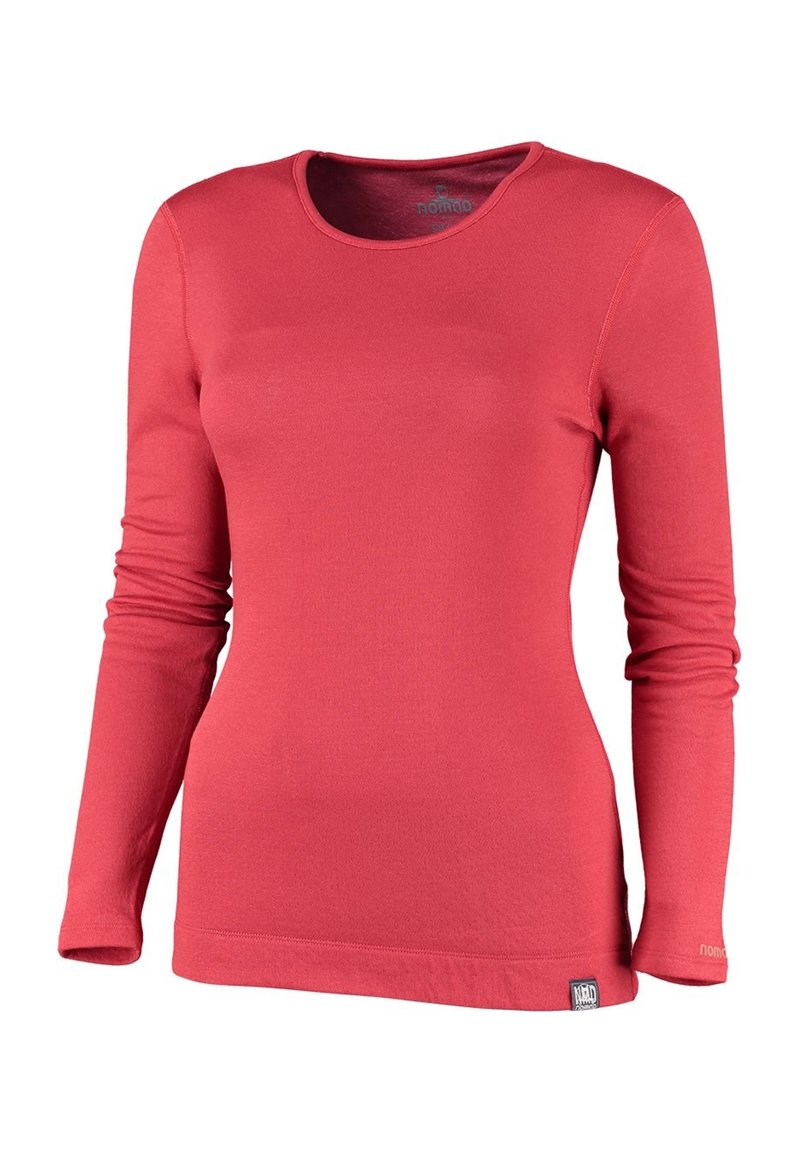 Langarmshirt in Koralle, aus weichem Stoff hergestellt. Es hat einen runden Ausschnitt und eine taillierte Silhouette, mit einem kleinen Logo-Label am Saum.