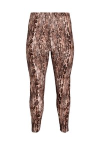 Strakke legging met een bruin en zwart slangenprintpatroon, gemaakt van rekbaar materiaal, met een middelhoge taille en zonder zichtbare sluitingen.