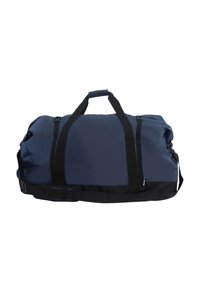Bolsa de deporte azul marino con correas negras, cierre de cremallera y bolsillo lateral. Hecha de un tejido duradero con una textura suave y una amplia apertura.